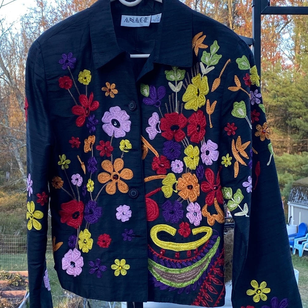 Anage Women's Black Silk Jacket with Multicolor Floral Embroidery and Beading